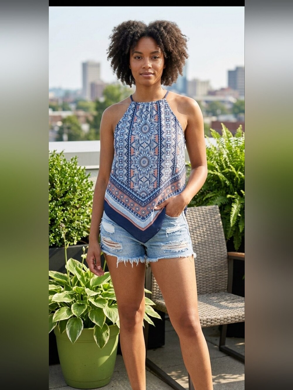 by & by Navy and Coral Halter Paisley Handkerchief Tank